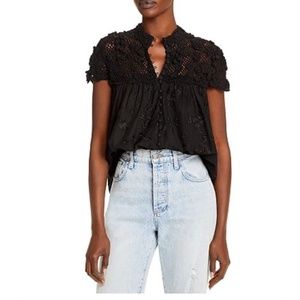🌟ALICE+OLIVIA Host Pick Black Ilaria Crochet Cap Sleeve High Neck Blouse (1239)